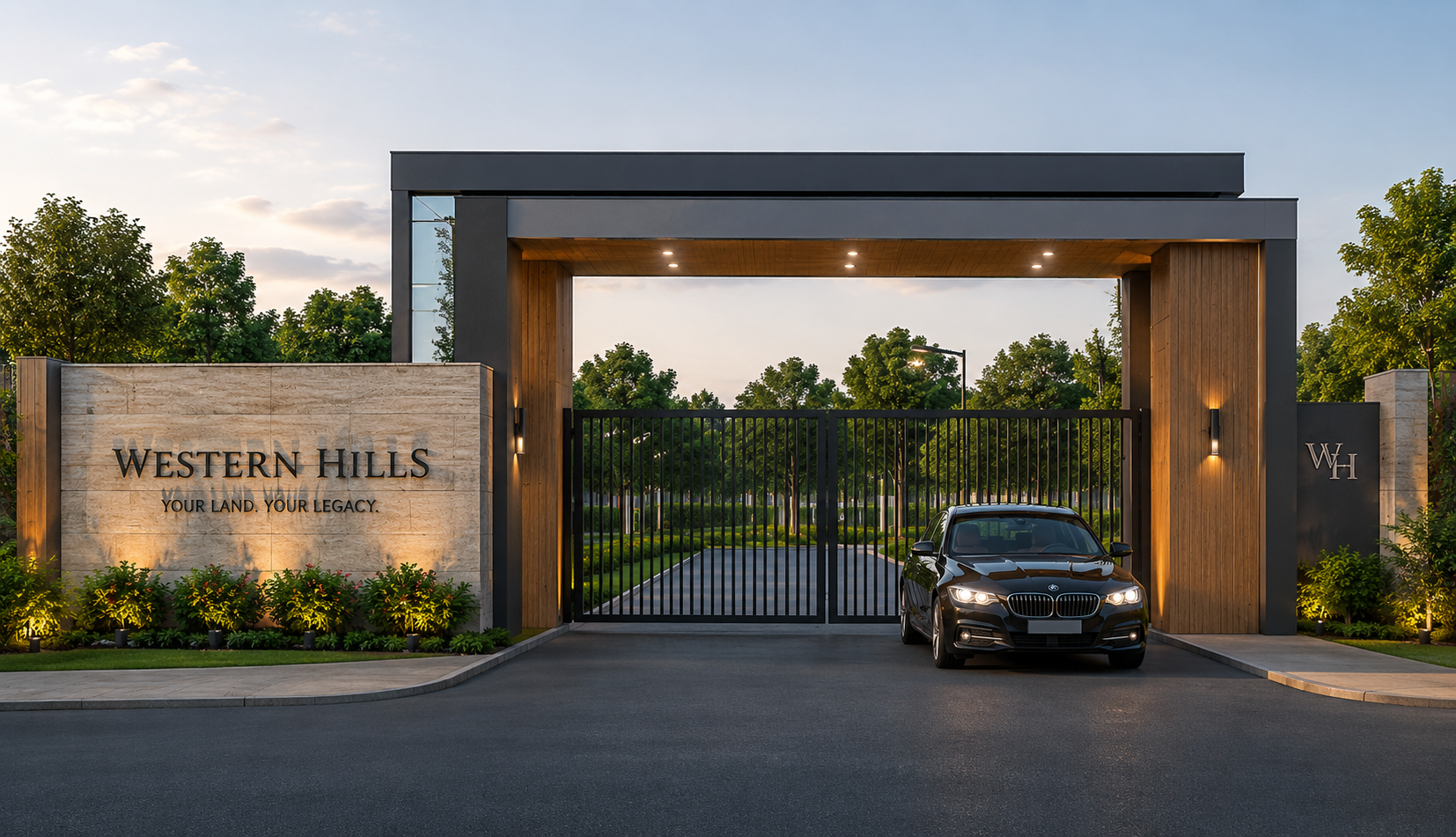 Modern entrance gate of Bella Vista Botarwadi at dusk