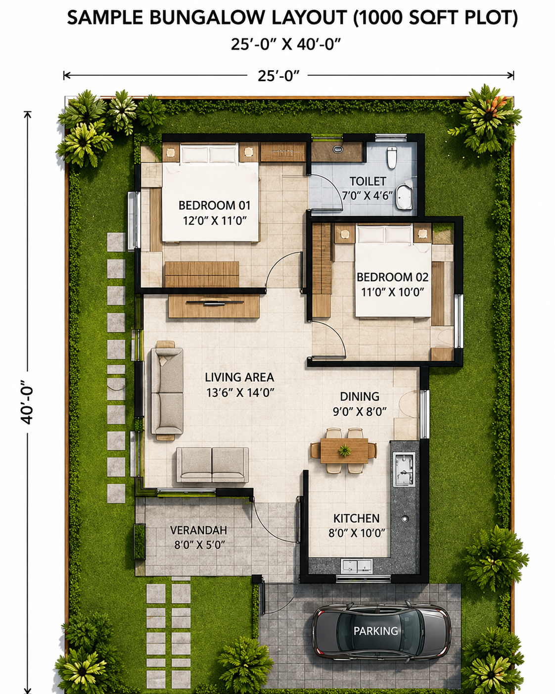 1000 sqft bungalow floor plan sample layout